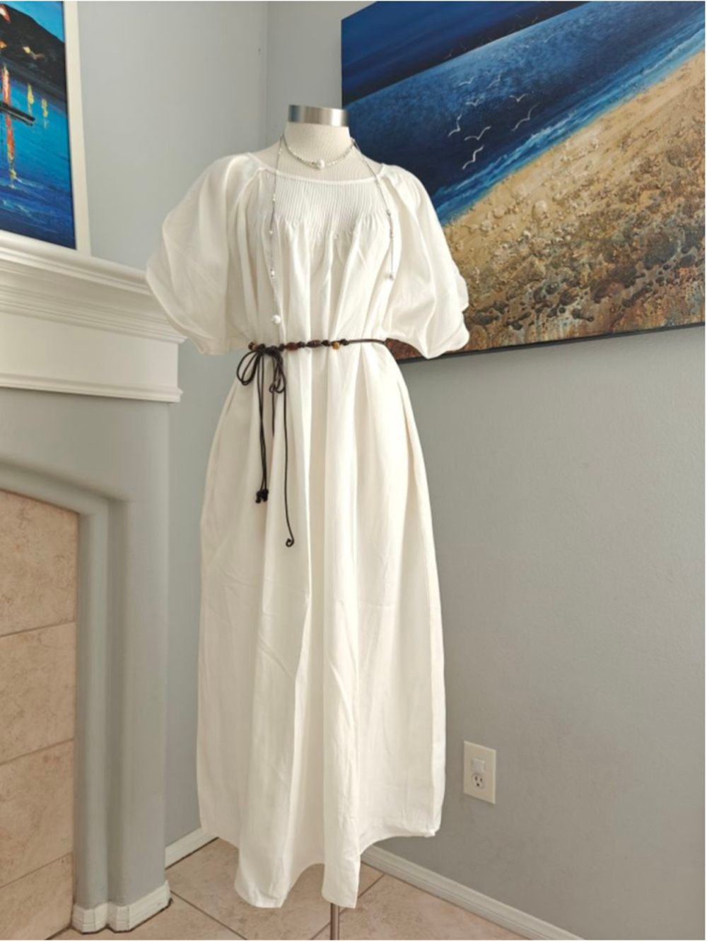 White linen blend maxi dress with a relaxed oversized silhouette